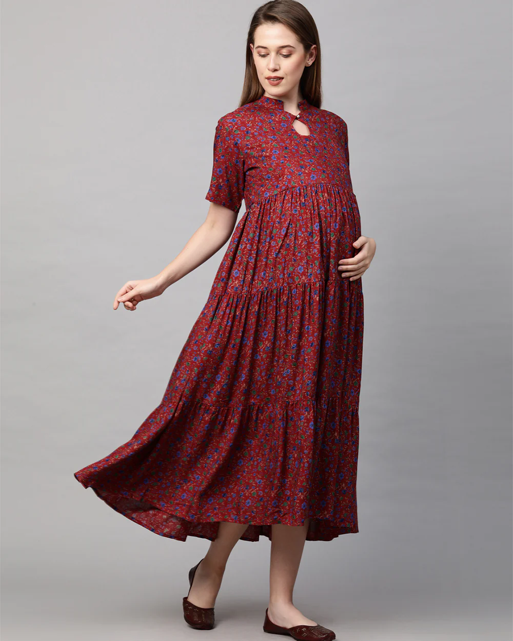 MomToBe Maroon Maternity Nursing Dress-Floral Print-Rayon-Keyhole Neck-Bump Friendly - Image 3