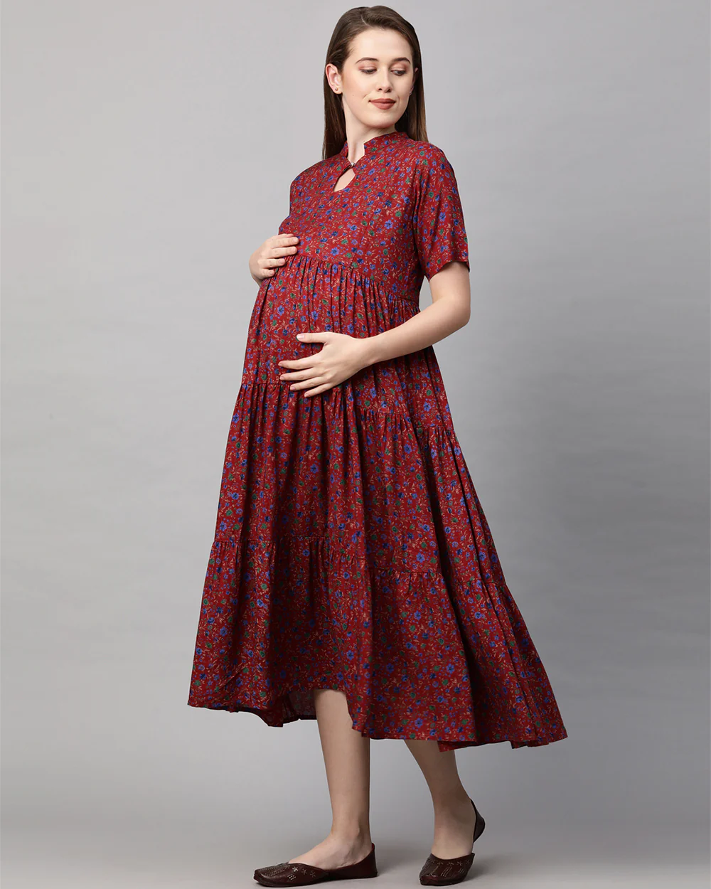 MomToBe Maroon Maternity Nursing Dress-Floral Print-Rayon-Keyhole Neck-Bump Friendly - Image 4