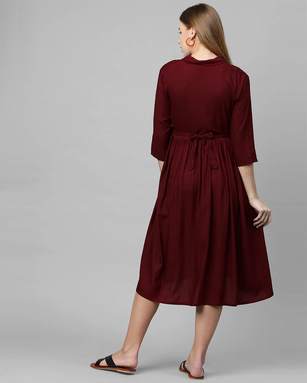 MomToBe Maroon Maternity Nursing Dress-Solid Color-Cotton Blend-Collar Neck-Bump Friendly - Image 2