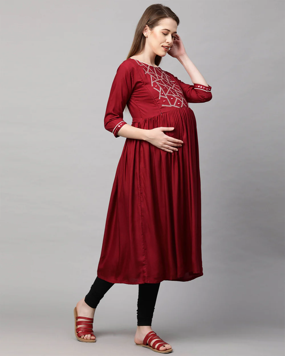 MomToBe Maroon Maternity Nursing Kurta-Embroidered Print-Rayon-Boat Neck-Bump Friendly - Image 3