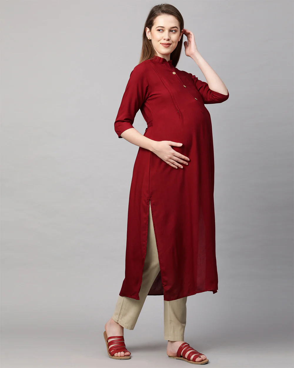 MomToBe Maroon Maternity Nursing Kurta-Solid Color-Rayon-Mandarin Collar-Bump Friendly - Image 4