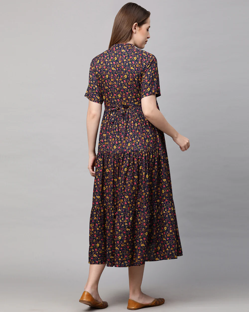 MomToBe Navy Blue Maternity Nursing Dress-Floral Print-Rayon-Keyhole Neck-Bump Friendly - Image 2