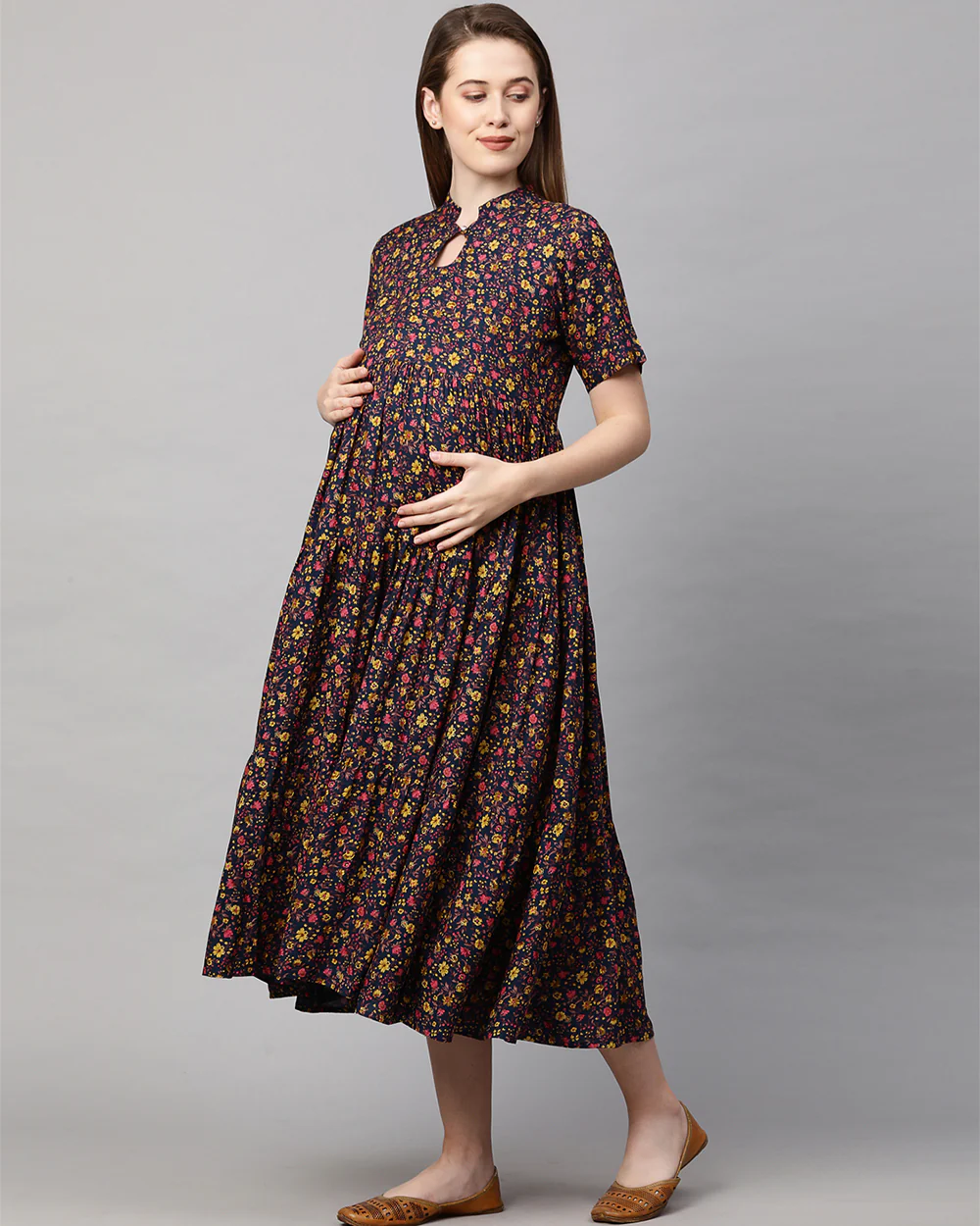 MomToBe Navy Blue Maternity Nursing Dress-Floral Print-Rayon-Keyhole Neck-Bump Friendly - Image 3