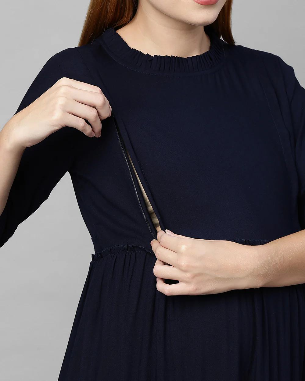 MomToBe Navy Blue Maternity Nursing Dress-Solid Color-Cotton Blend-Frill Neck-Bump Friendly - Image 5