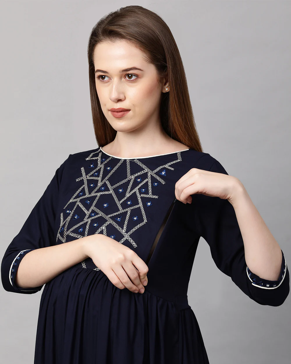 MomToBe Navy Blue Maternity Nursing Kurta-Embroidered Print-Rayon-Boat Neck-Bump Friendly - Image 6