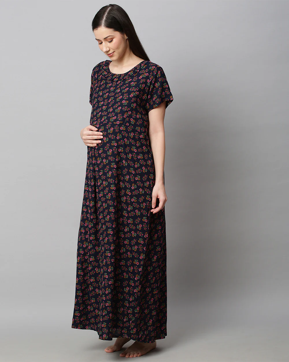 MomToBe Navy Blue Maternity Nursing Nighty-Floral Print-Cotton Blend-Round Neck-Bump Friendly - Image 2