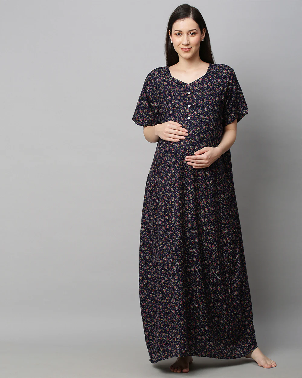 MomToBe Navy Blue Maternity Nursing Nighty-Floral Print-Cotton Blend-Sweetheart Neck-Bump Friendly
