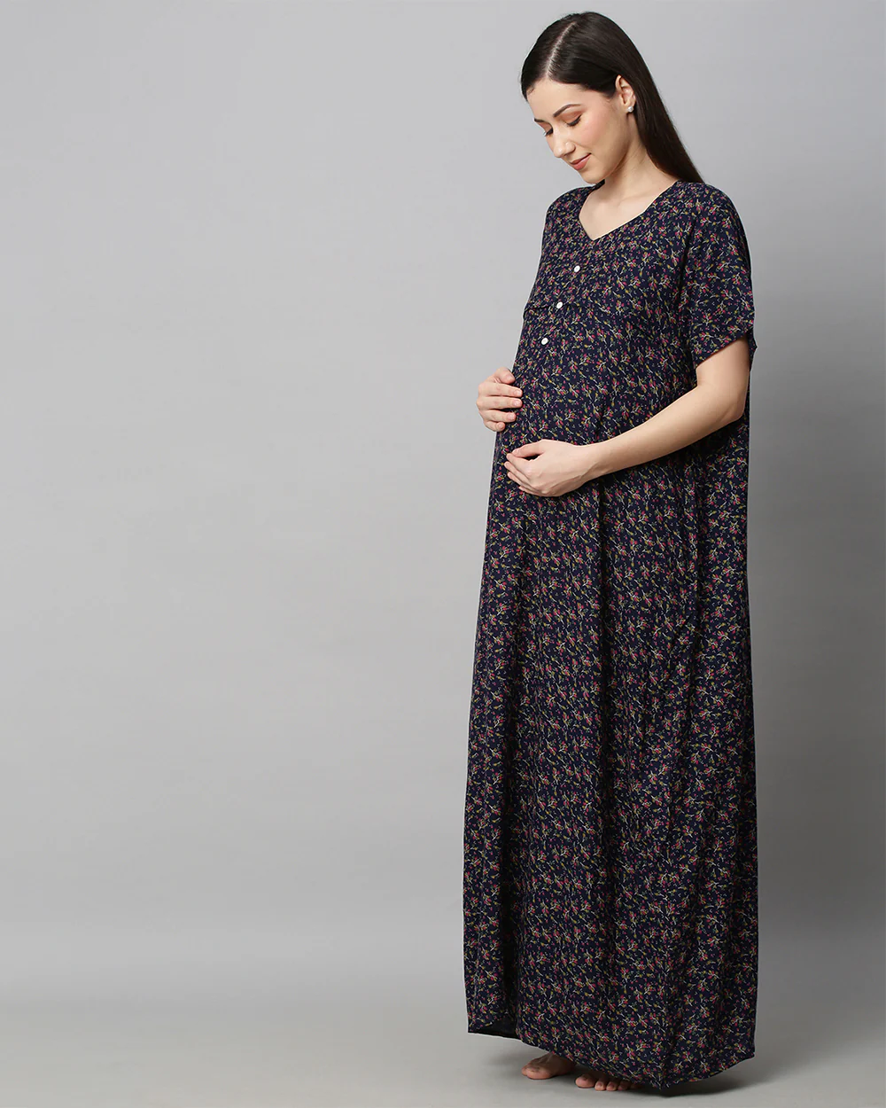 MomToBe Navy Blue Maternity Nursing Nighty-Floral Print-Cotton Blend-Sweetheart Neck-Bump Friendly - Image 2