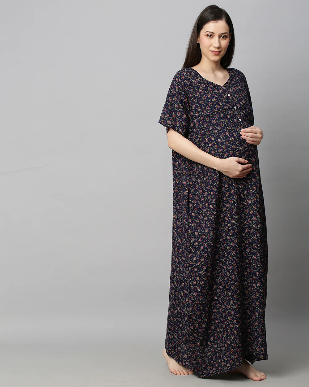 MomToBe Navy Blue Maternity Nursing Nighty-Floral Print-Cotton Blend-Sweetheart Neck-Bump Friendly - Image 3
