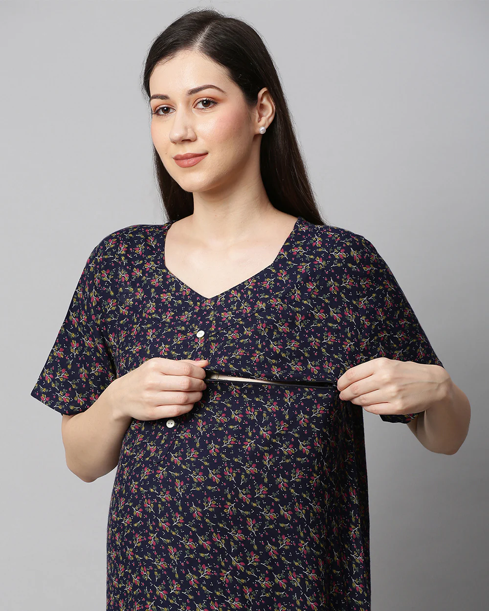MomToBe Navy Blue Maternity Nursing Nighty-Floral Print-Cotton Blend-Sweetheart Neck-Bump Friendly - Image 5