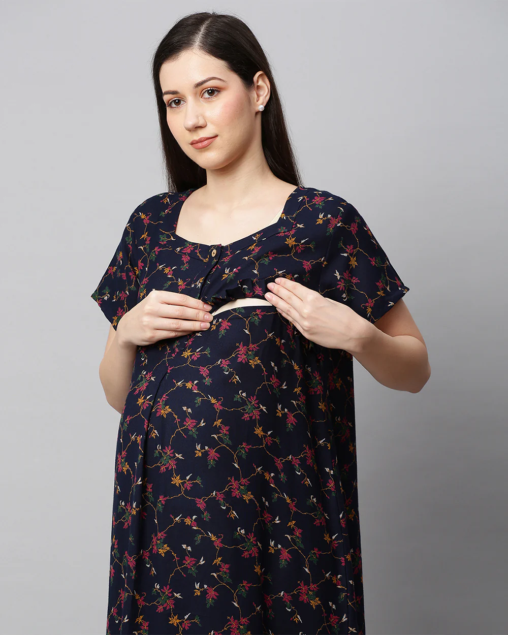 MomToBe Navy Blue Maternity Nursing Nighty-Floral Print-Cotton Blend-Sweetheart Neck with Buttons-Bump Friendly - Image 5
