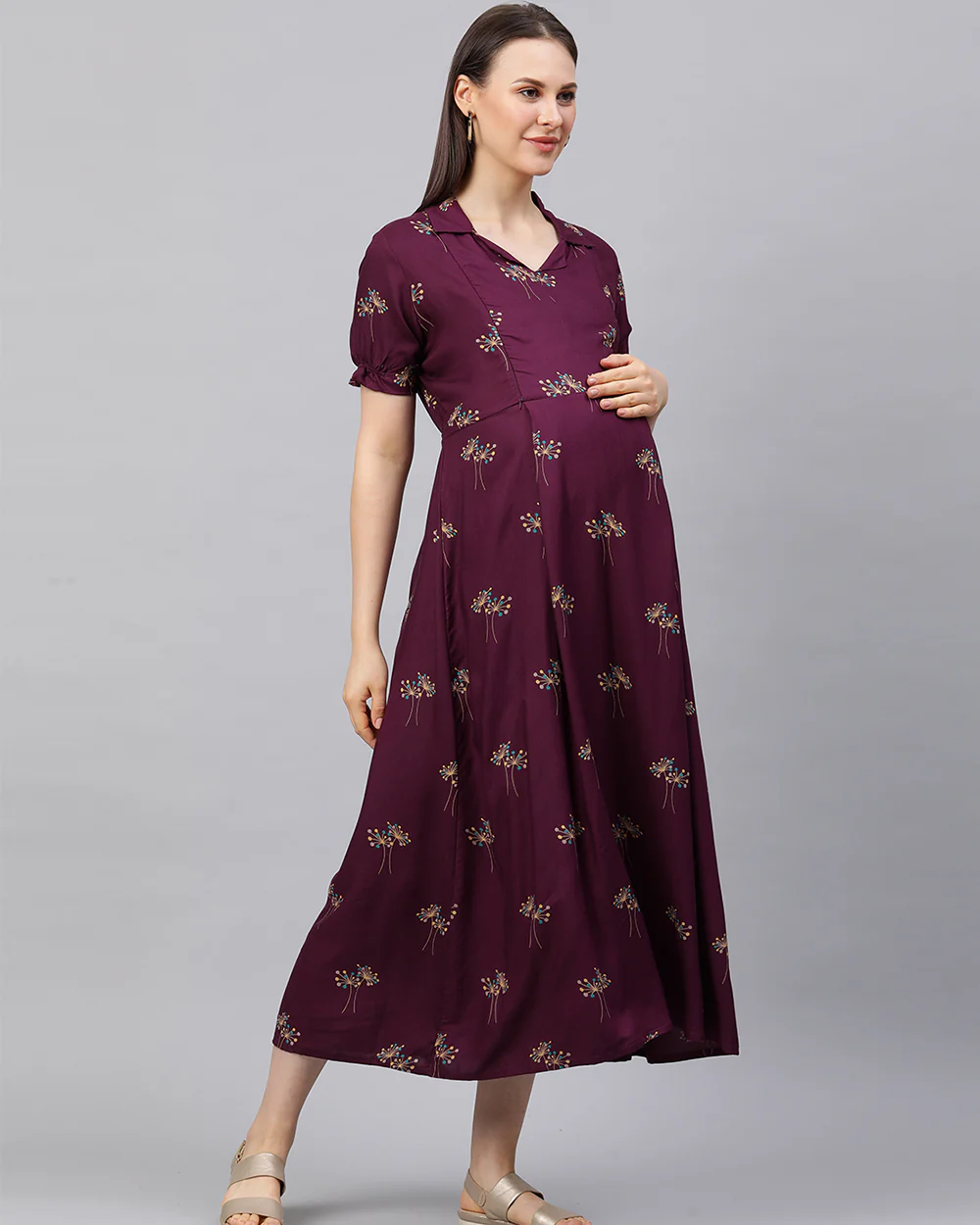MomToBe Purple Maternity Nursing Dress-Floral Print-Rayon-Notch Neck-Bump Friendly