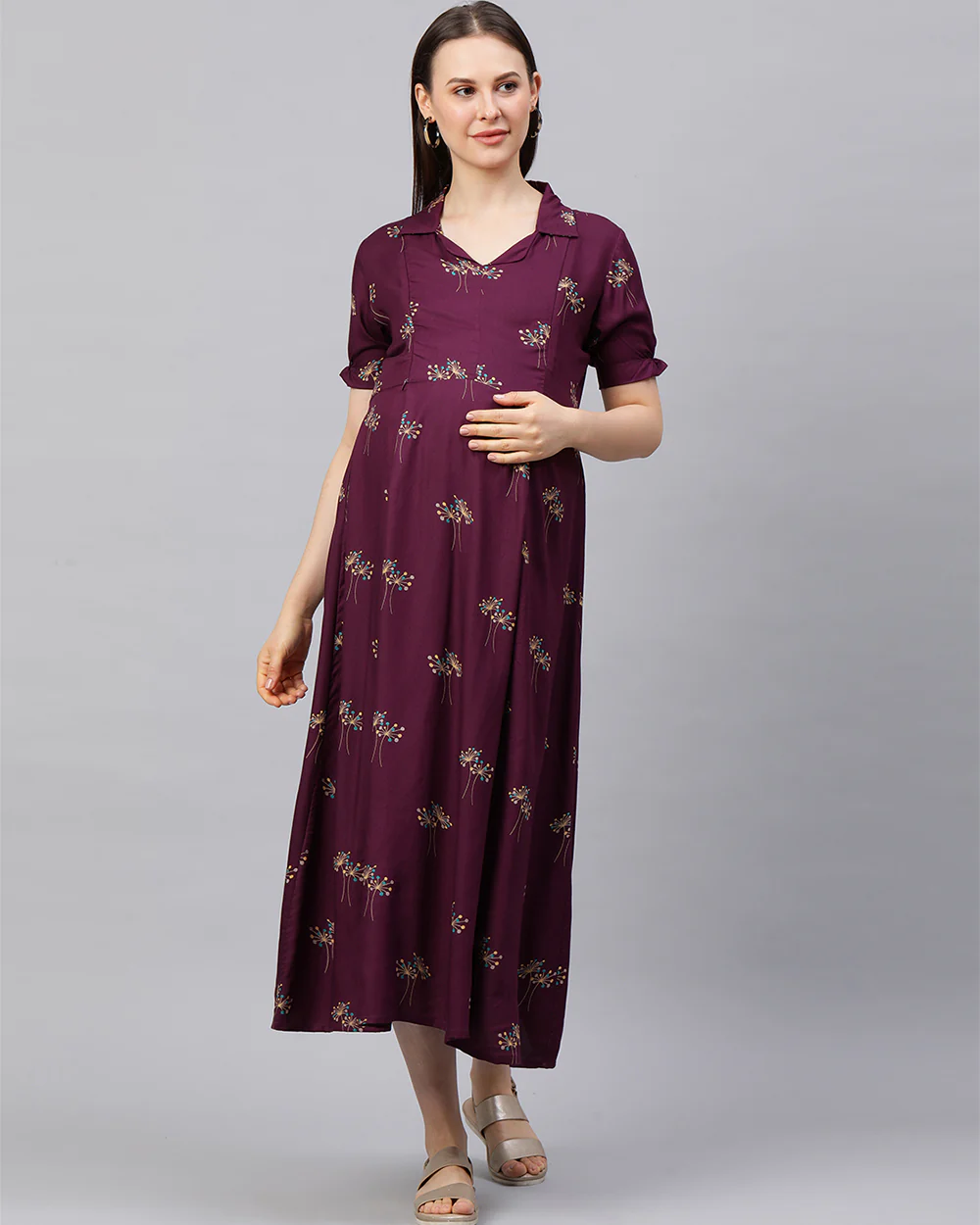MomToBe Purple Maternity Nursing Dress-Floral Print-Rayon-Notch Neck-Bump Friendly - Image 7