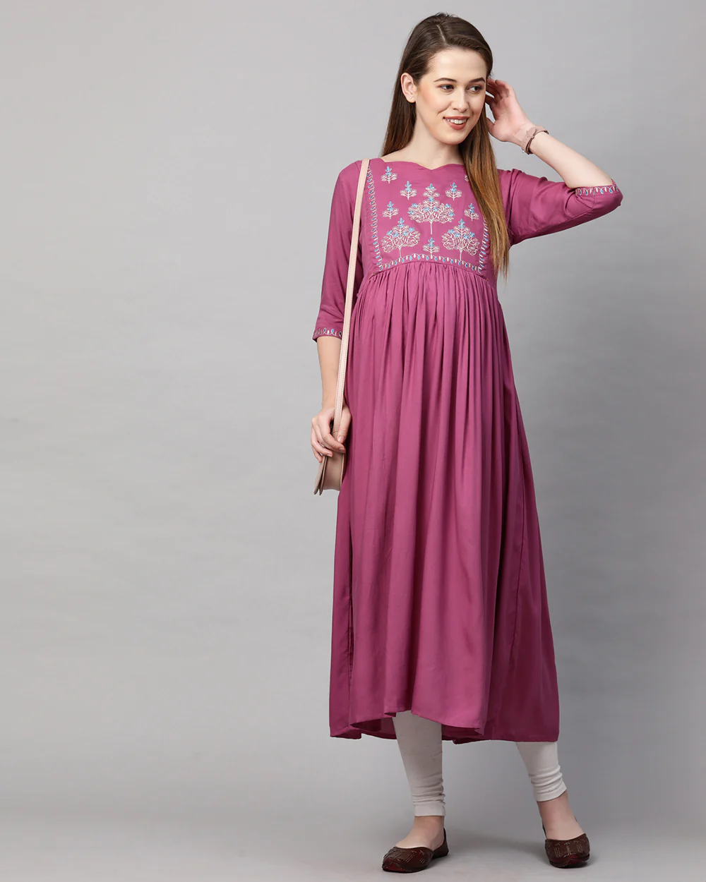 MomToBe Purple Maternity Nursing Kurta-Embroidered Print-Rayon-Notch Neck-Bump Friendly - Image 3