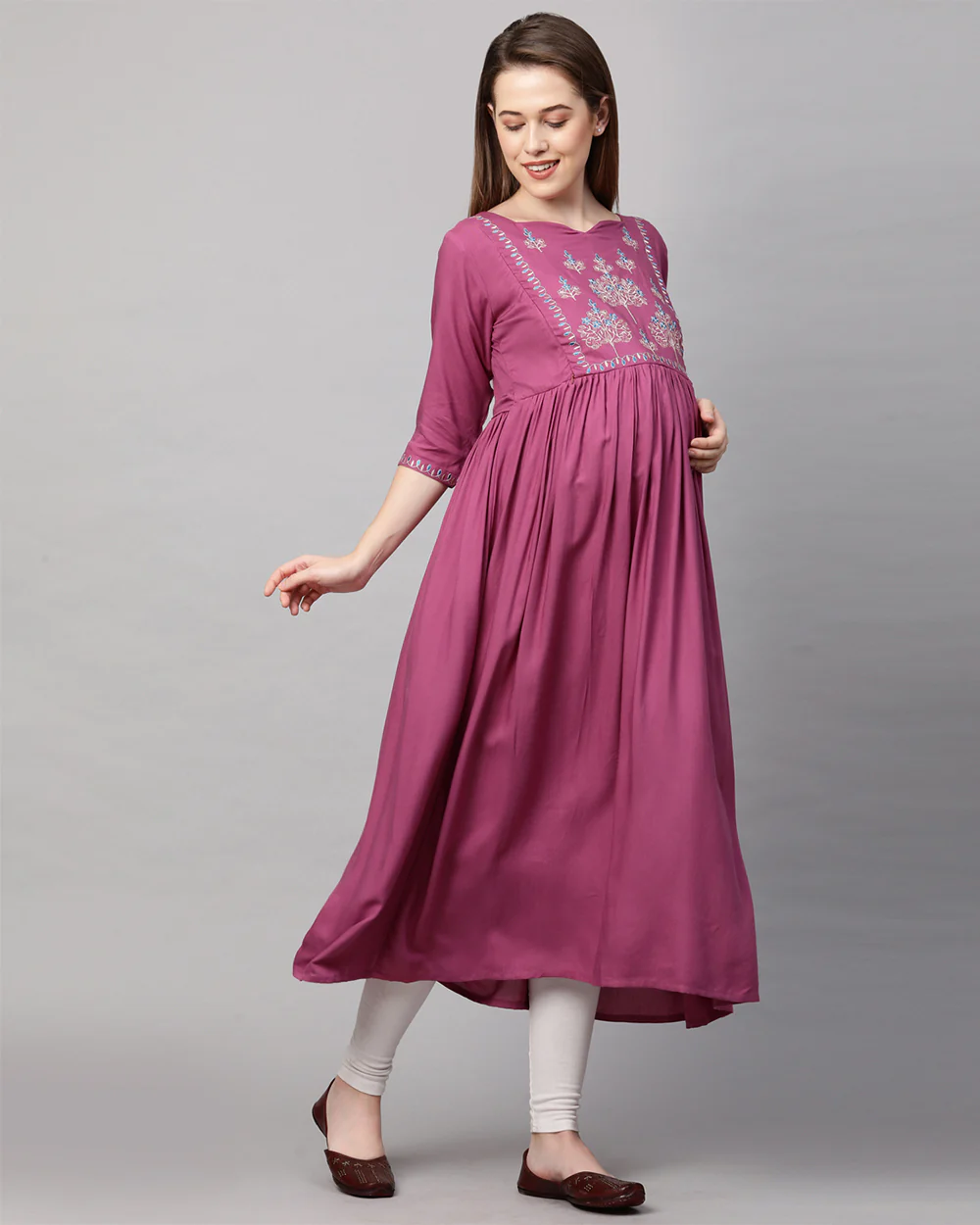 MomToBe Purple Maternity Nursing Kurta-Embroidered Print-Rayon-Notch Neck-Bump Friendly - Image 4