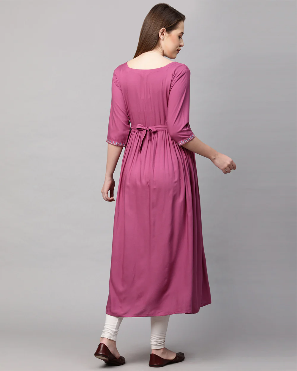 MomToBe Purple Maternity Nursing Kurta-Embroidered Print-Rayon-Notch Neck-Bump Friendly - Image 5