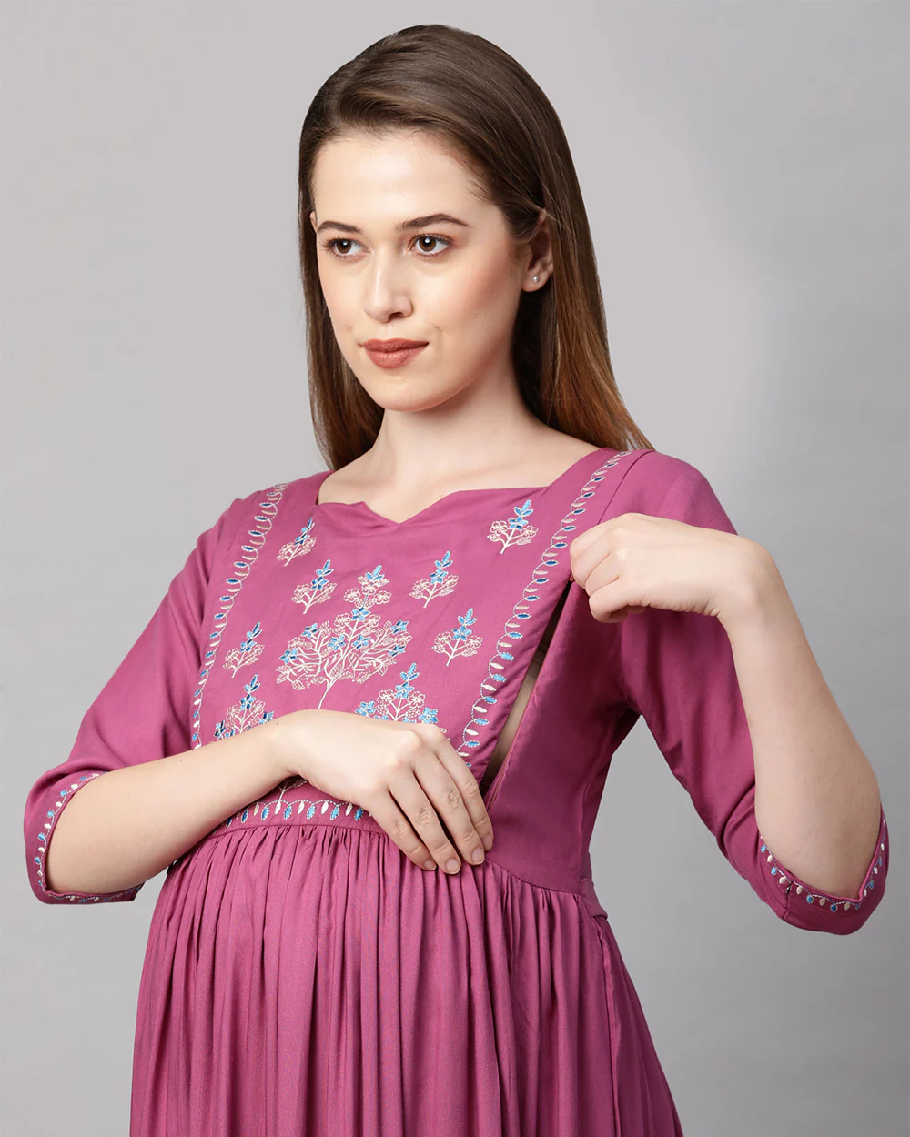 MomToBe Purple Maternity Nursing Kurta-Embroidered Print-Rayon-Notch Neck-Bump Friendly - Image 6