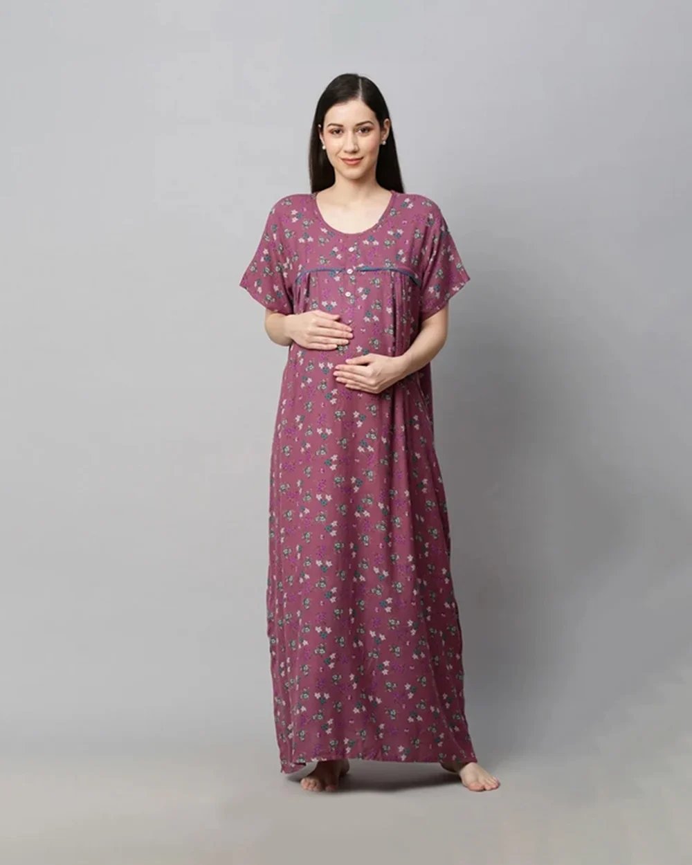 MomToBe Purple Maternity Nursing Nighty-Cotton Blend-Round Neck-Bump Friendly