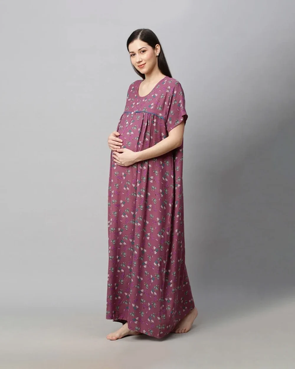 MomToBe Purple Maternity Nursing Nighty-Cotton Blend-Round Neck-Bump Friendly - Image 3