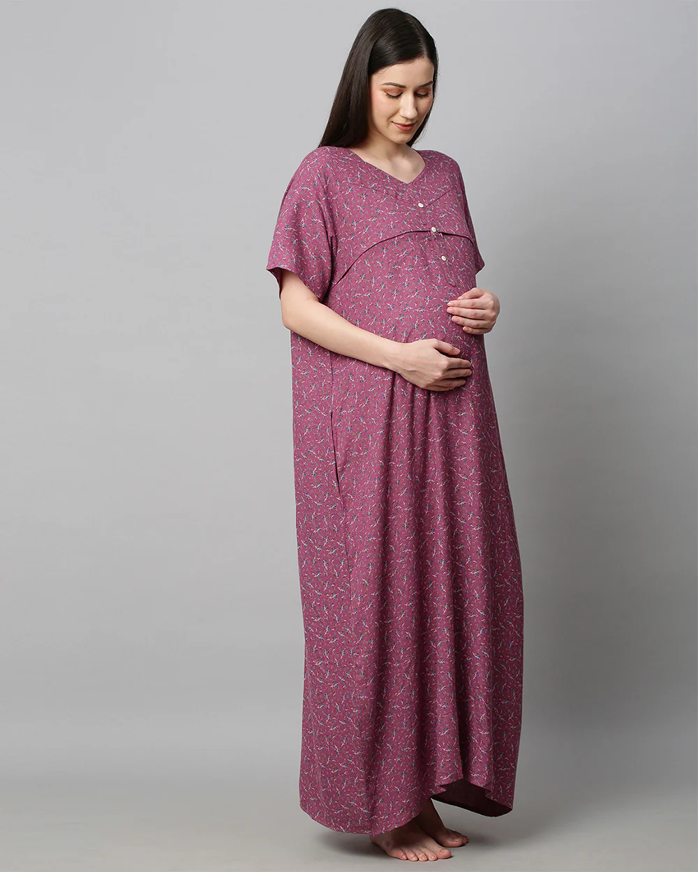 MomToBe Purple Maternity Nursing Nighty-Floral Print-Cotton Blend-Sweetheart Neck-Bump Friendly - Image 3