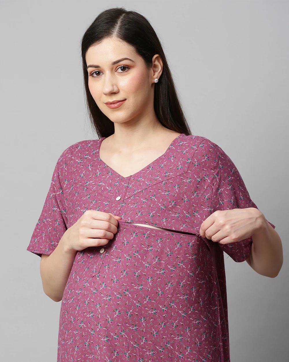 MomToBe Purple Maternity Nursing Nighty-Floral Print-Cotton Blend-Sweetheart Neck-Bump Friendly - Image 5