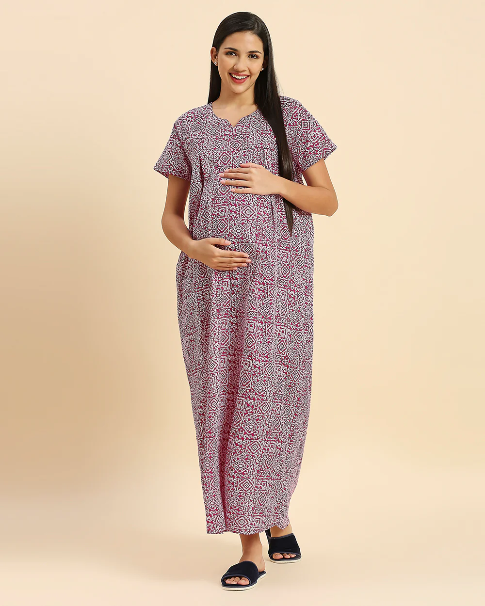 MomToBe Purple Maternity Nursing Nighty-Motifs Print-Cotton Blend-V Neck-Bump Friendly