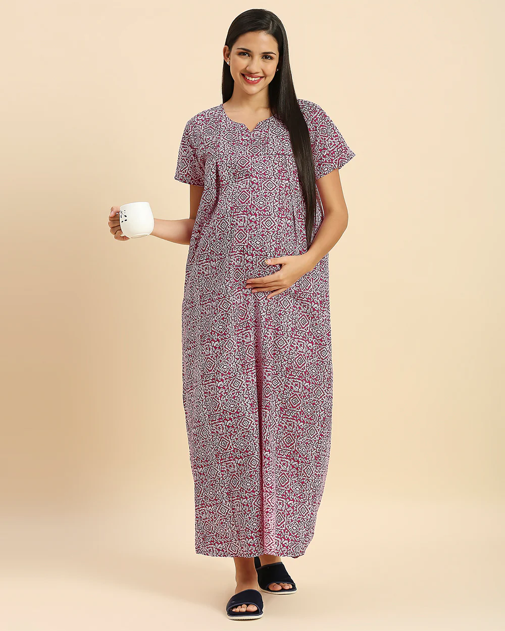 MomToBe Purple Maternity Nursing Nighty-Motifs Print-Cotton Blend-V Neck-Bump Friendly - Image 2