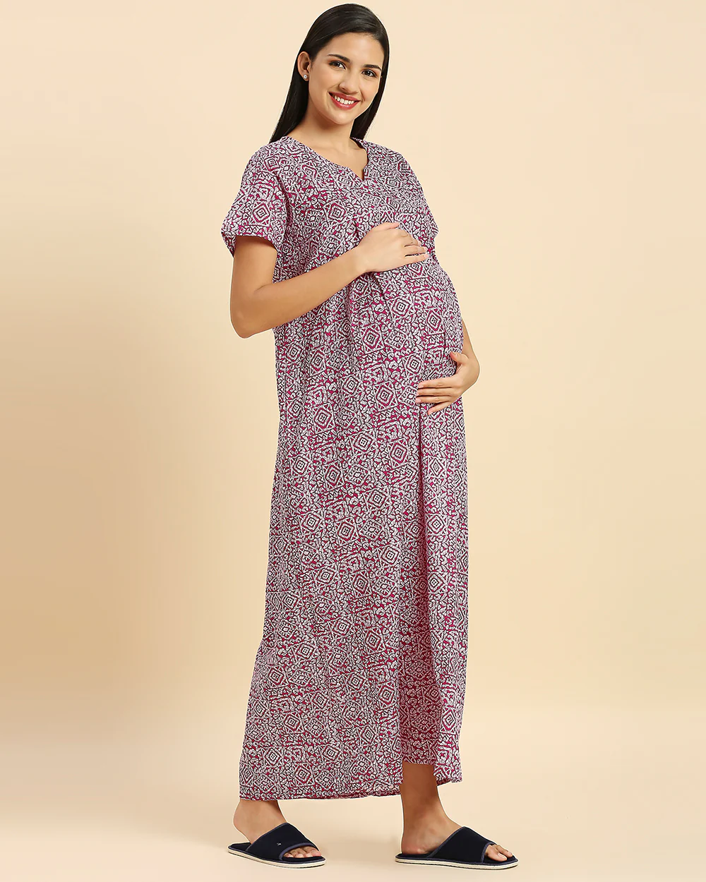 MomToBe Purple Maternity Nursing Nighty-Motifs Print-Cotton Blend-V Neck-Bump Friendly - Image 3
