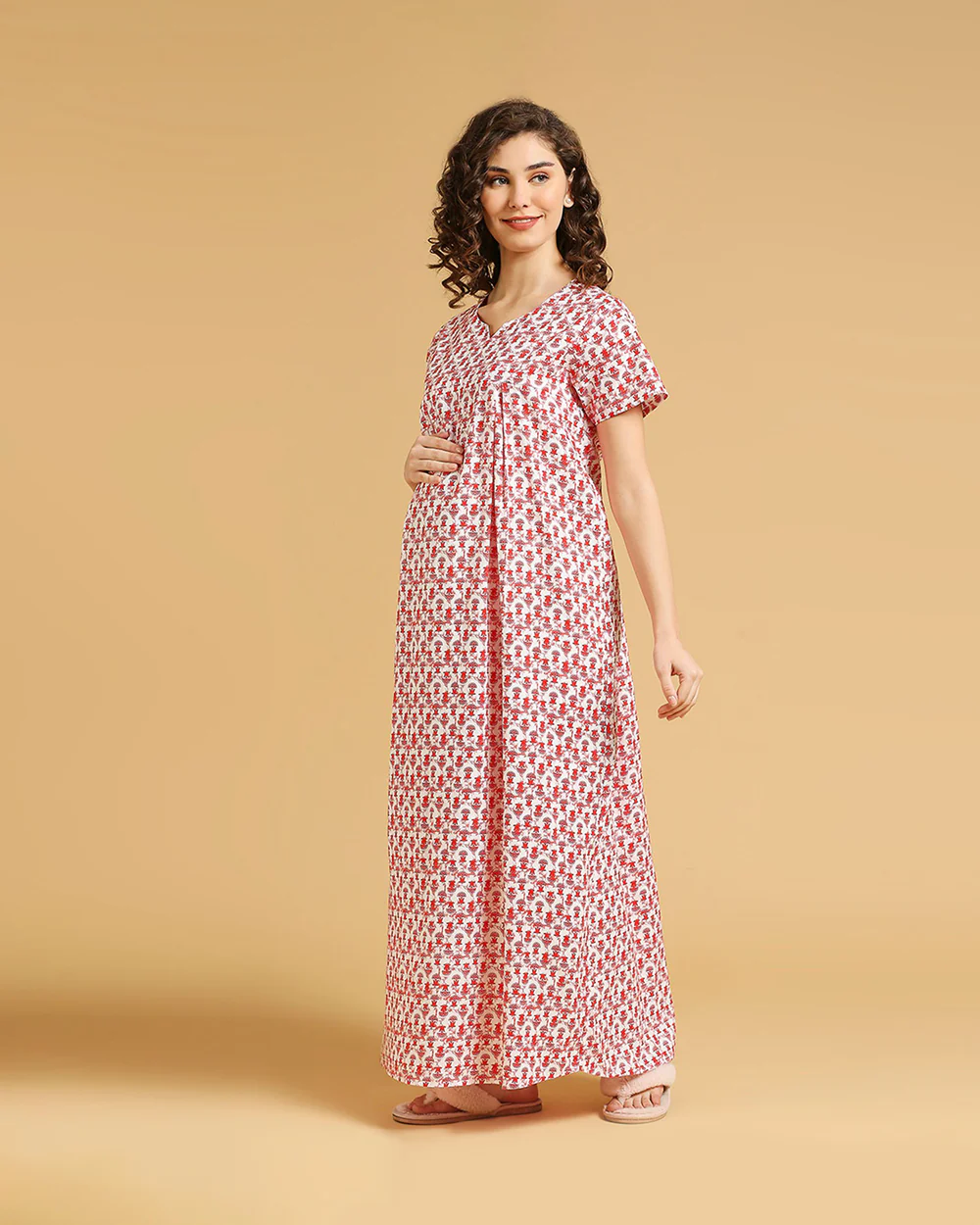 MomToBe Red Maternity Nursing Nighty-Cotton-V Neck-Bump Friendly - Image 3