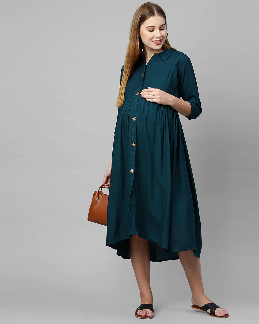 MomToBe Teal Green Maternity Nursing Dress-Solid Color-Cotton Blend-Collar Neck-Bump Friendly - Image 2