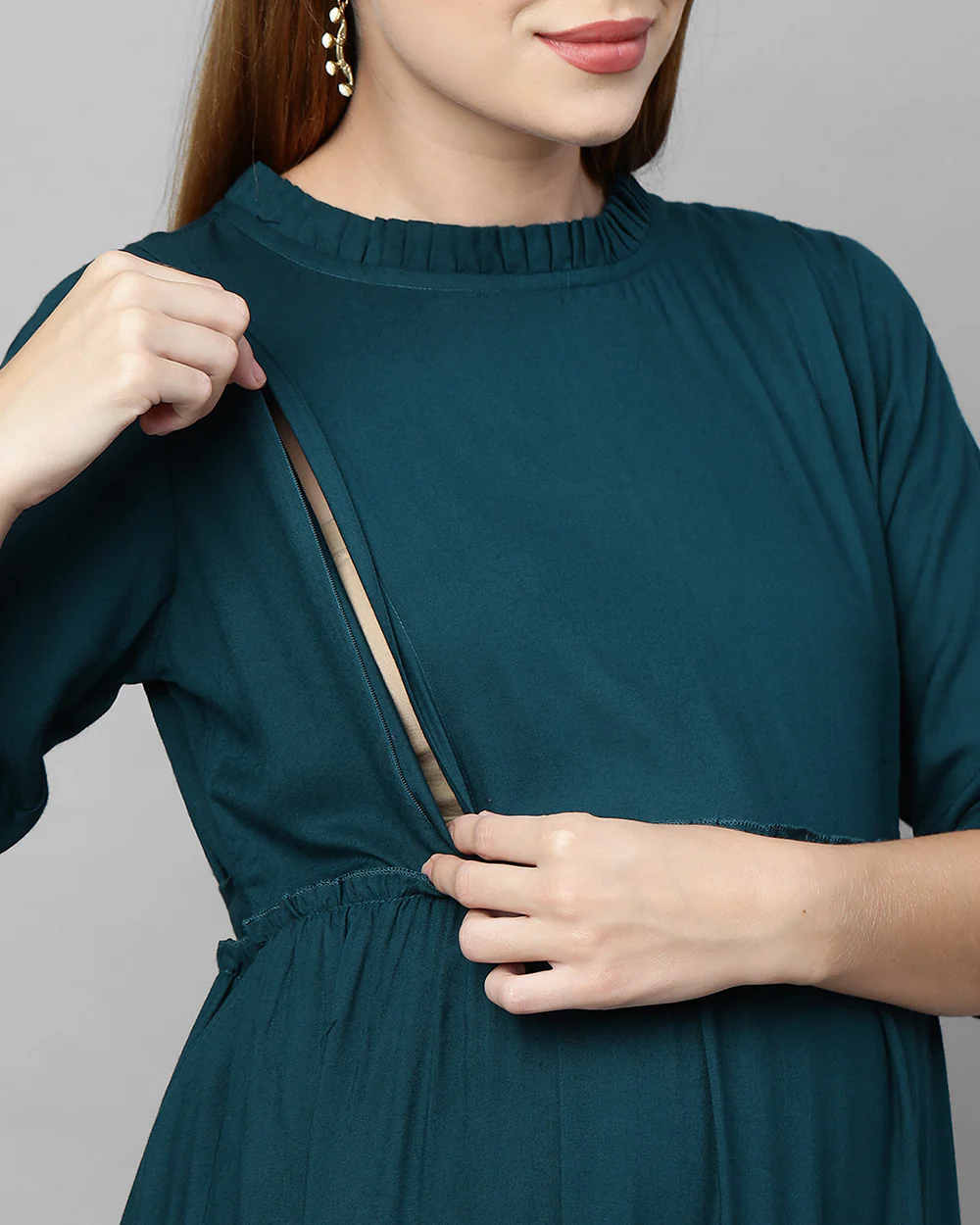 MomToBe Teal Green Maternity Nursing Dress-Solid Color-Cotton Blend-Frill Neck-Bump Friendly - Image 5