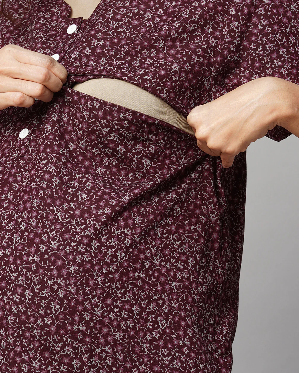 MomToBe Wine Maternity Nursing Nighty-Floral Print-Cotton Blend-Sweetheart Neck-Bump Friendly - Image 5