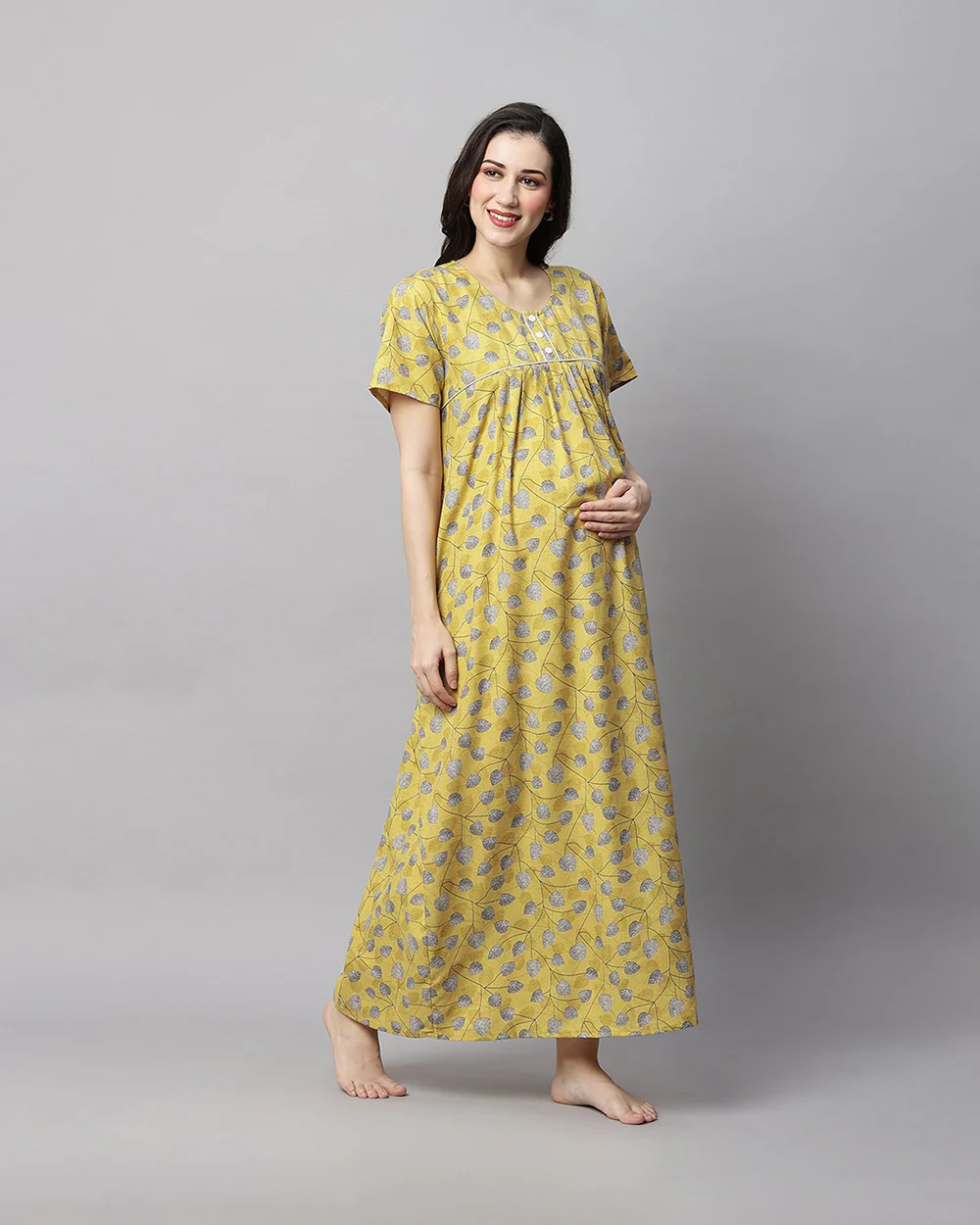 MomToBe Yellow Maternity Nursing Nighty-Cotton Blend-Round Neck-Bump Friendly - Image 3