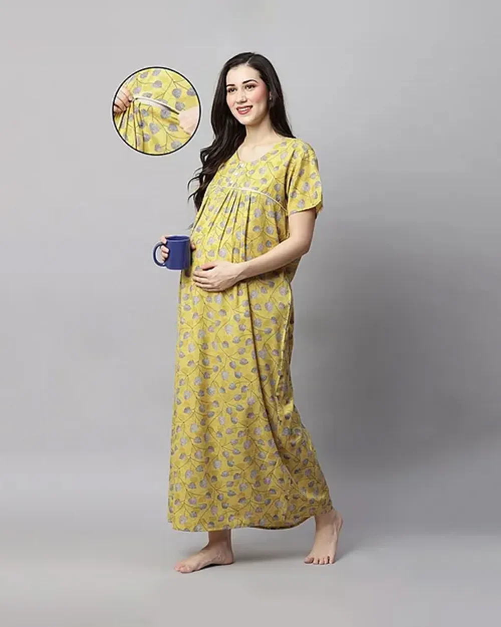 MomToBe Yellow Maternity Nursing Nighty-Cotton Blend-Round Neck-Bump Friendly - Image 6