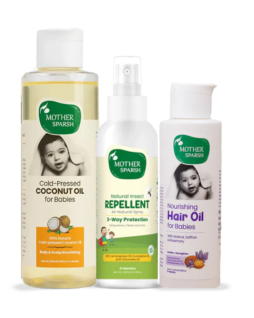 Mother Sparsh Cold Pressed Coconut Baby Massage Oil (200 ml), Natural Mosquito Repellent Spray & Nourishing Baby Hair Oil (100ml)
