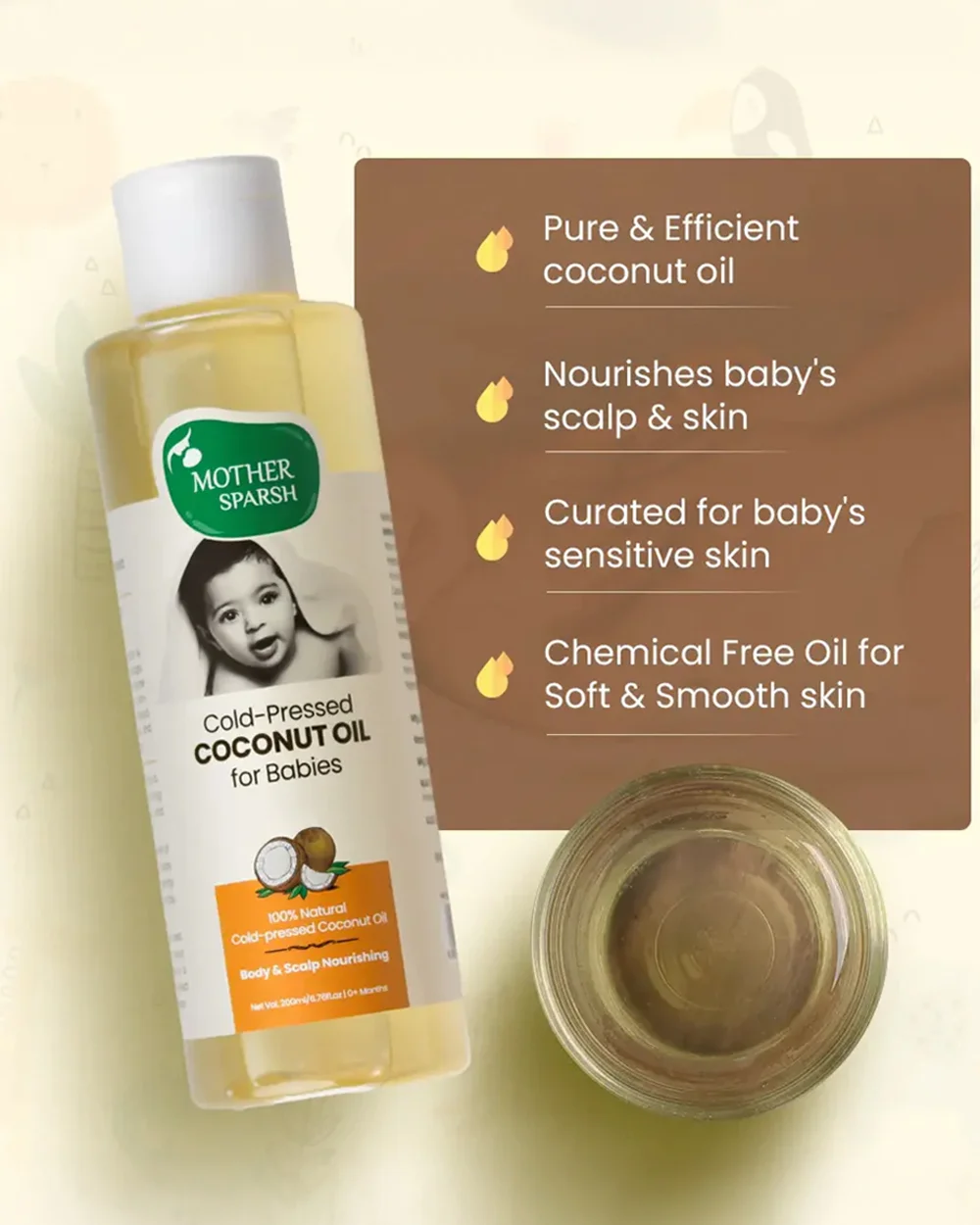 Mother Sparsh Cold Pressed Coconut Baby Massage Oil (200 ml), Natural Mosquito Repellent Spray & Nourishing Baby Hair Oil (100ml) - Image 3