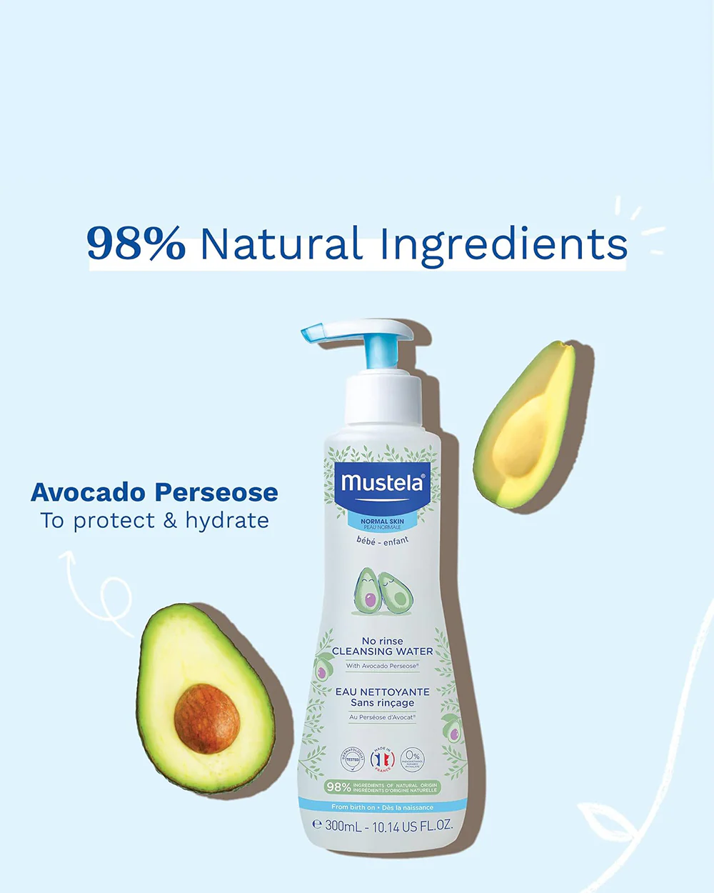 Mustela No Rinse Baby Cleansing Water-With Avocado For Skin Protection & Hydration-Vegan, Hypoallergenic & Safe From Birth On - Image 4