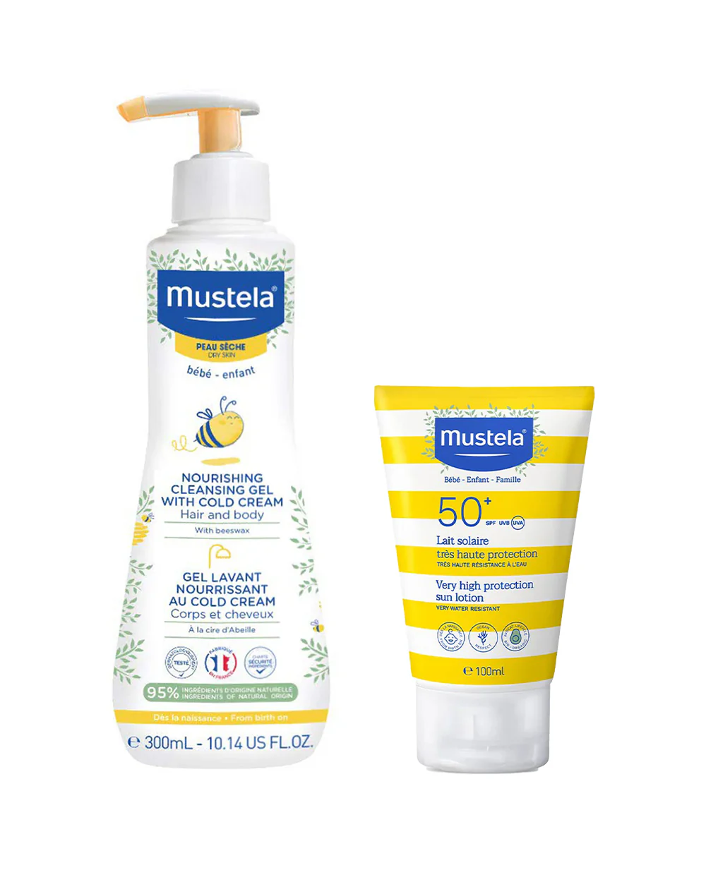 Mustela Nourishing Cleansing Gel With Cold Cream (pH Balanced & Tear Free) & High Protection SPF 50+ Baby Sunscreen (Water Resistant)