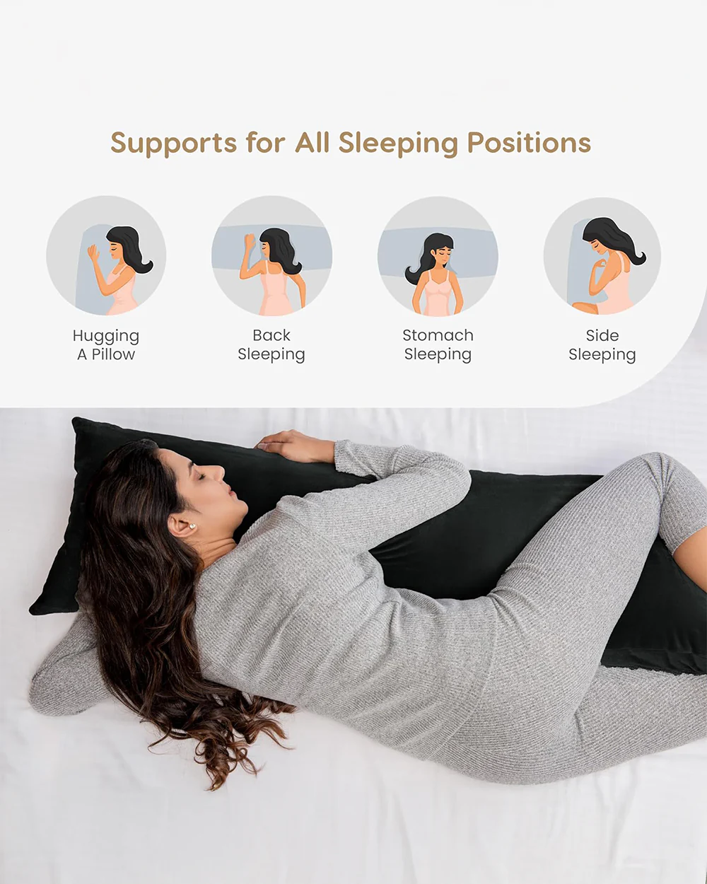 MY ARMOR Straight Pregnancy Pillow-Full Body-Black & Cream-Microfibre-Premium Velvet Outer Cover-For Maternity - Image 3