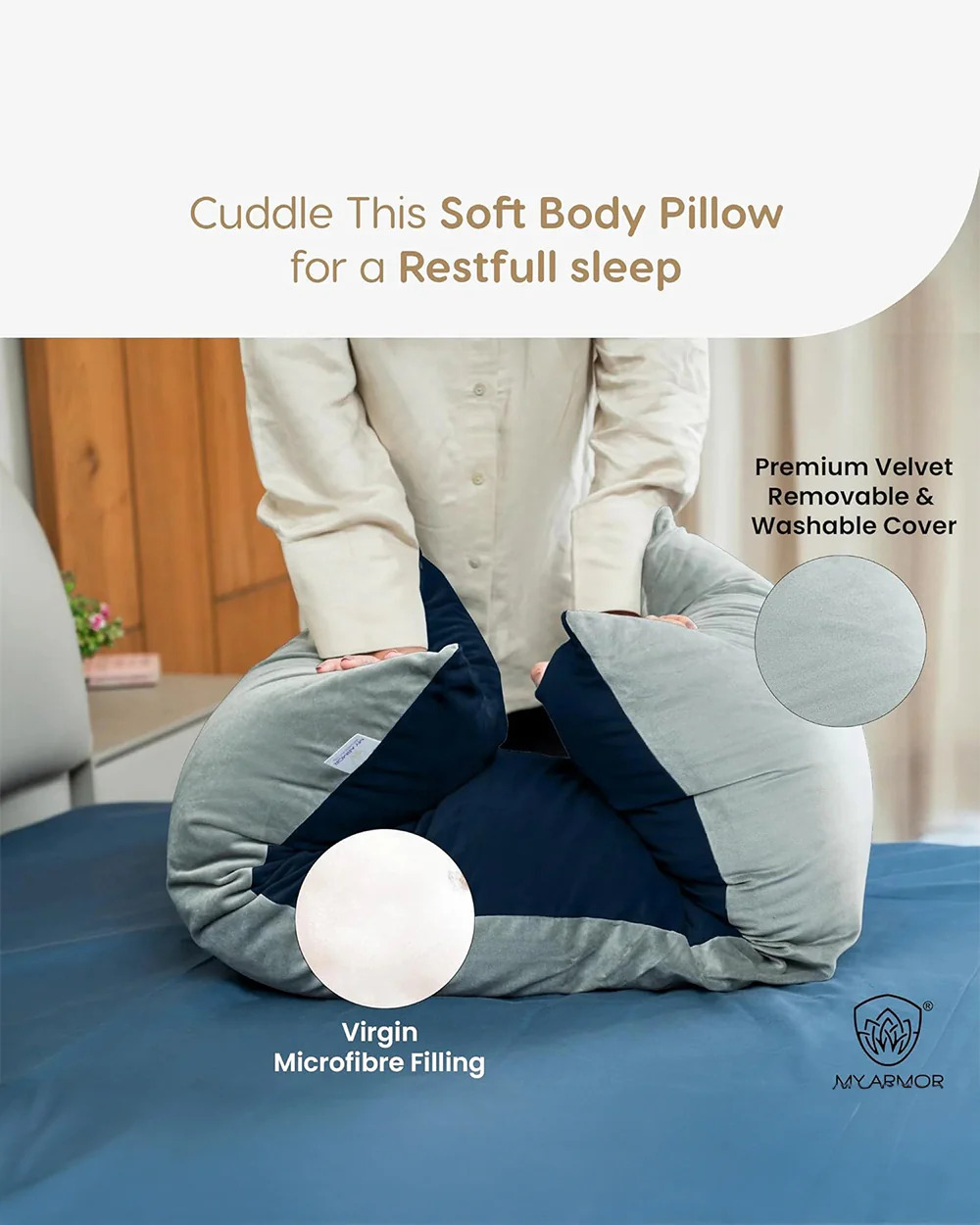 MY ARMOR Straight Pregnancy Pillow-Full Body-Grey & Navy Blue-Microfibre-Premium Velvet Outer Cover-For Maternity - Image 6