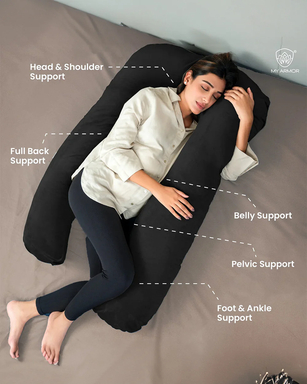 MY ARMOR U Shaped Pregnancy Pillow-Full Body-Black-Microfibre-Premium Velvet Outer Cover-For Maternity - Image 2