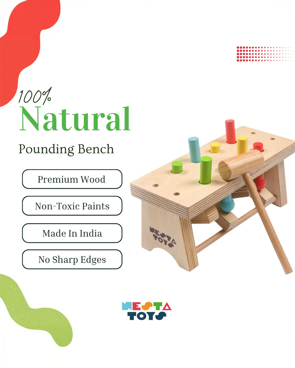 Nesta Toys Pounding Bench Wooden Toy with Hammer-Promotes Hand Coordination-Pretend & Play Toy-12M+ - Image 3