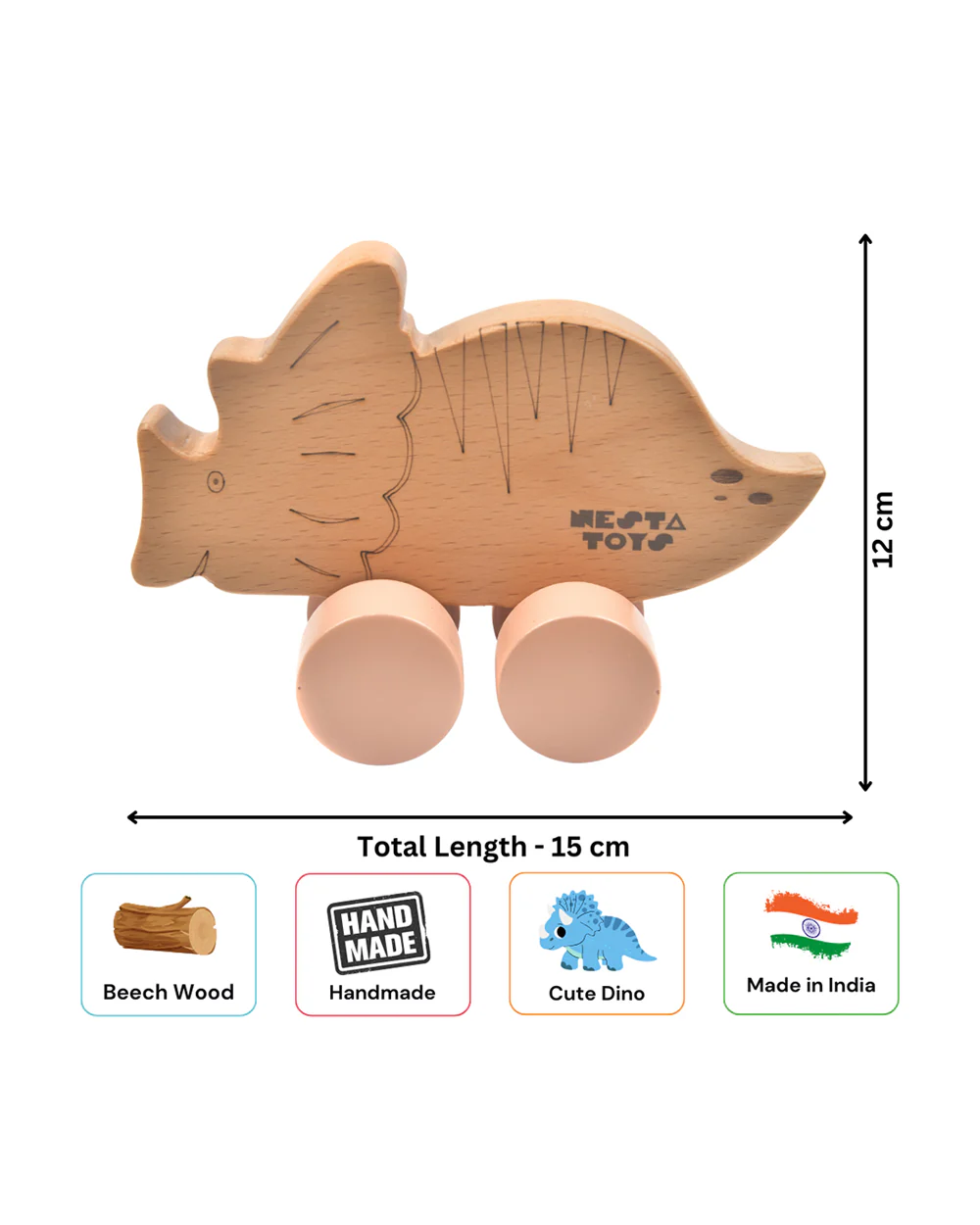 Nesta Toys Wooden Dinosaur Car-Push & Pull Toy-Enhances Motor Skills-6M+ - Image 4