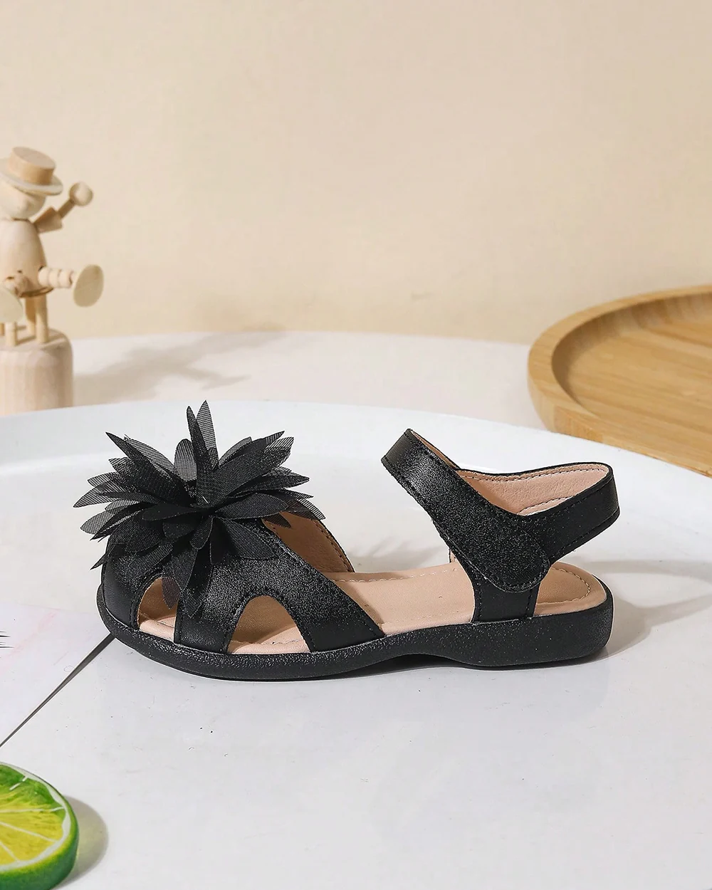 NINO BELLO Black Flower Adorned Velcro Sandals For Infants - Image 5