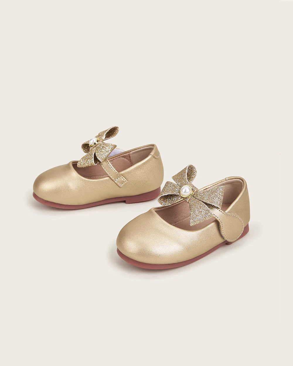 NINO BELLO Gold Glittery Pearl Bow Velcro Bellies For Infants - Image 4