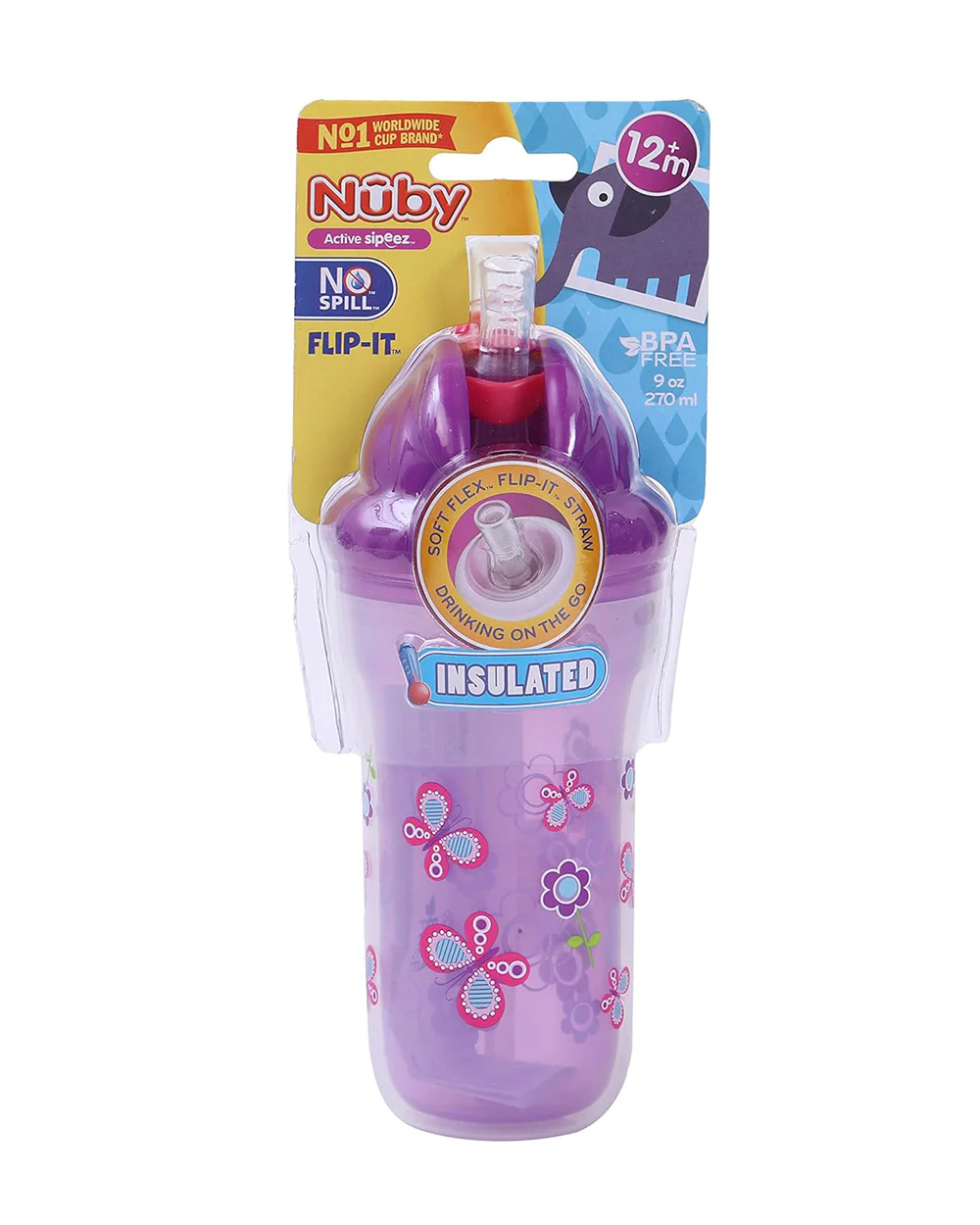 Nuby Flip-it Insulated Straw Sipper-With Soft Silicone Straw-Double Wall Insulated-Purple-270 ml - Image 2