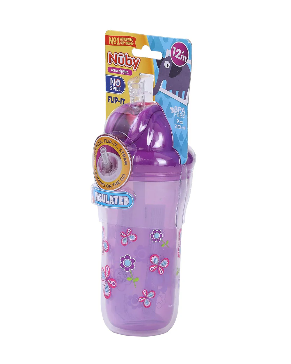Nuby Flip-it Insulated Straw Sipper-With Soft Silicone Straw-Double Wall Insulated-Purple-270 ml - Image 4