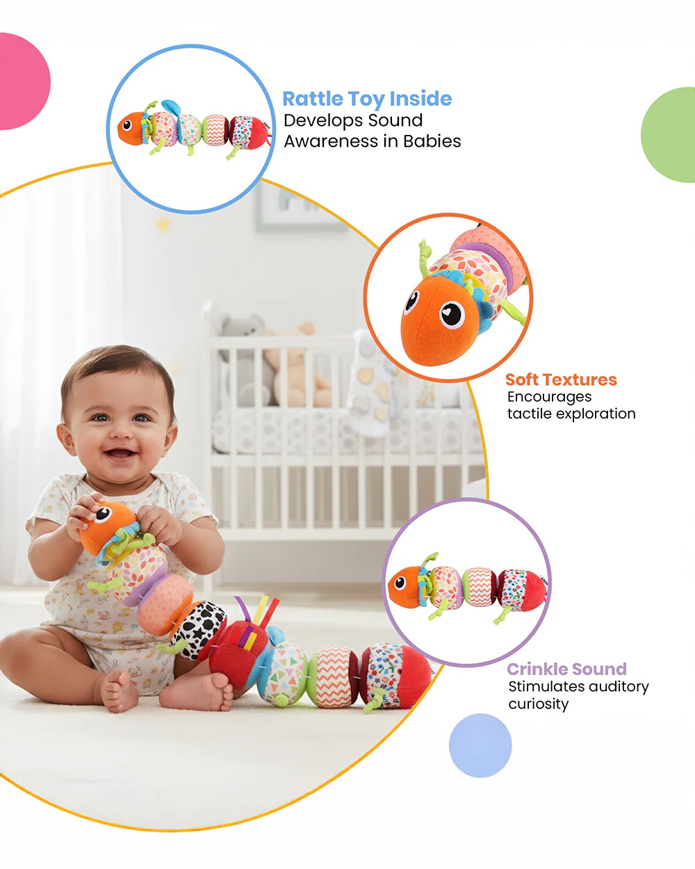 nuluv Activity Caterpillar Rattle & Soft Toy with Crinkle Sound-Non Toxic-Plush Toy-For 3M+ - Image 5