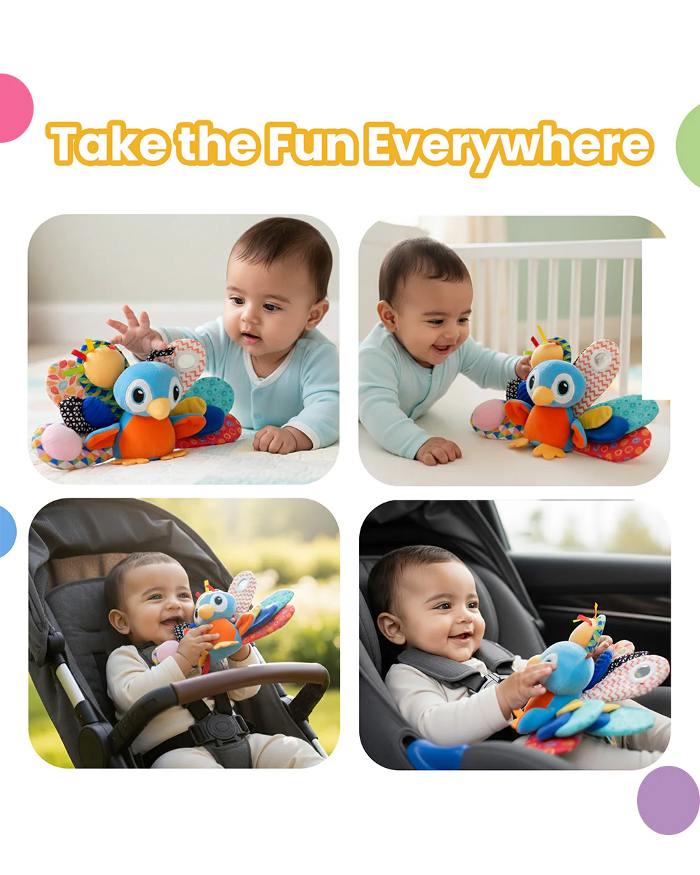 nuluv Activity Peacock Soft Toy-With Squeaker & Bird Chime-Fun Mirror for Self-recognition-Stroller Toy-3M+ - Image 7