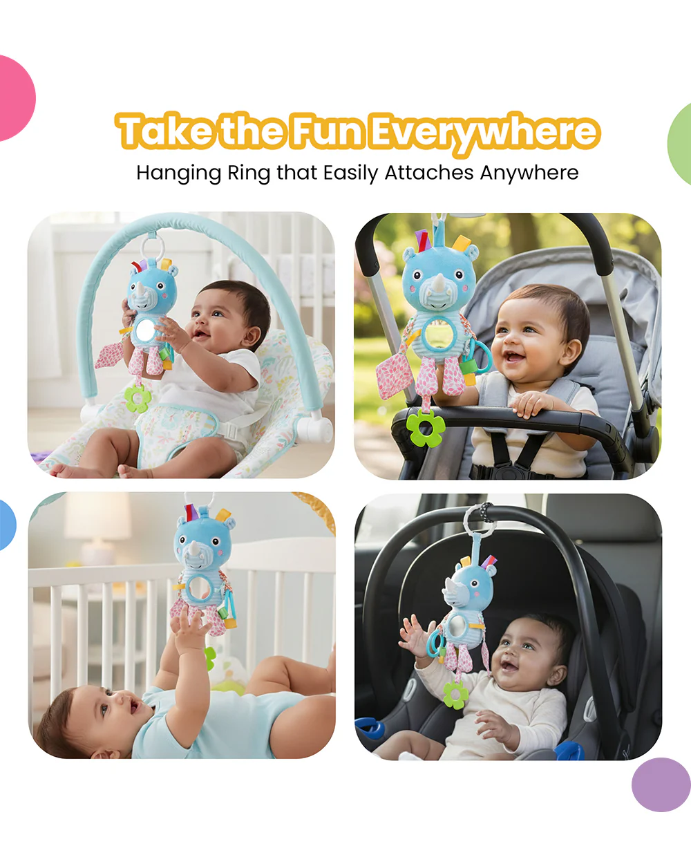nuluv Activity Rhino-Soft Toy-With Crinkle Sound & Fun Mirror for Self-recognition-Stroller Toy with Teether-3M+ - Image 7